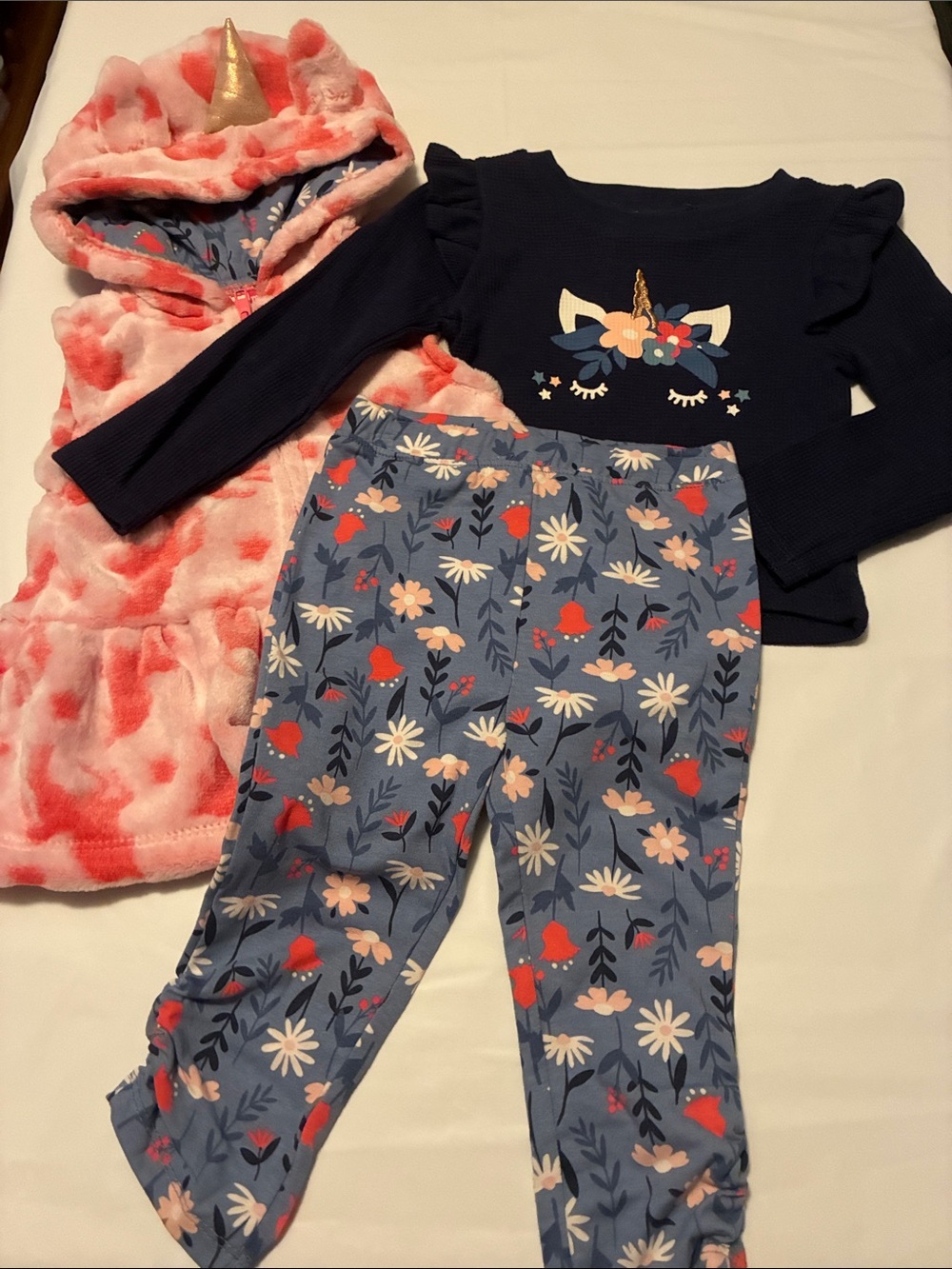 Penelope Mack Girls Navy Unicorn Top with Blue Floral Pants and Pink Hooded Vest